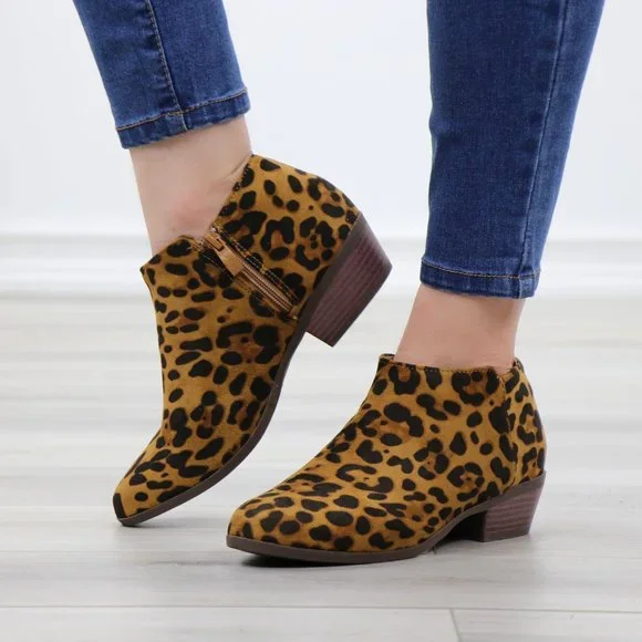 Faux Sude Leopard Low Heel Ankle Boots - Picture 10 of 13